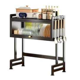 ALSO GO Kitchen Above Sink Countertop Dustproof Dish Storage Rack with Cabinet Door and Hooks, Multifunctional Kitchen Storage and Organizer for Drying Dishes, Glasses, Bowls, and Utensils, Black