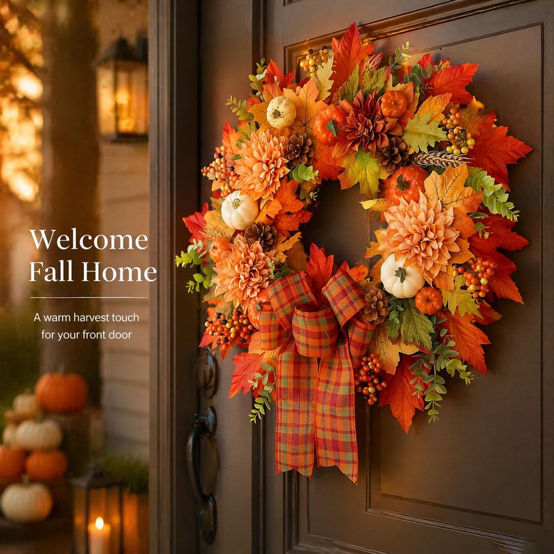 24 Inch Fall Wreath for Front Door, Autumn Harvest Farmhouse