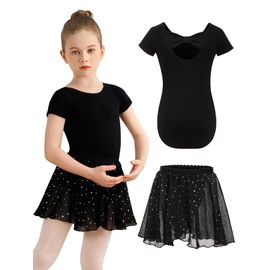 Eisnnu Children's Ballet Clothing Girls Two Piece Ballet Dress Cotton Short Sleeve Ballet Jersey with Sequins Chiffon Skirt Tutu (DE/NL/SE/PL, Numeric, 100, Regular, Black)