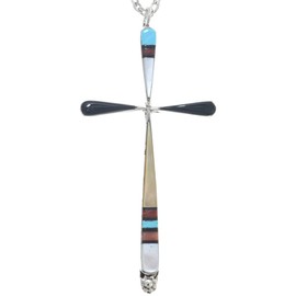 Zuni Turquoise Shell Inlaid Sterling Cross Pendant With Silver Chain