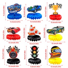 HVIHWI Pack of 9 Car Birthday Decoration, Car Party Honeycomb Ball Decorations, Centrepieces Honeycomb Car Themed Party Decorations for Party, Baby Shower