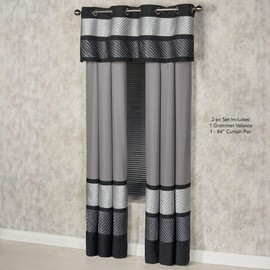 Omega Contemporary Luxury Window Treatment | Sophisticated | Silver Gray Charcoal Black | Pleated | Silky Polyester Satin | 2 Piece Window Set: 84L Curtain Panel Drapery Pair and 60W Grommet Valance