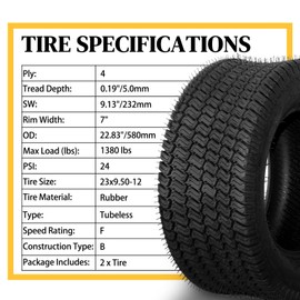 23x9.50-12 Lawn Garden Mower Tractor Cart Tubeless Tires 4Ply Set of 2