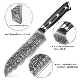 KEEMAKE Damascus Santoku Knife for Kitchen - 7 Inch Extra Sharp Japanese Chef Knife with 67-layer Damascus Steel VG-10 Blade and Ergonomic G10 Glass Fiber Handle