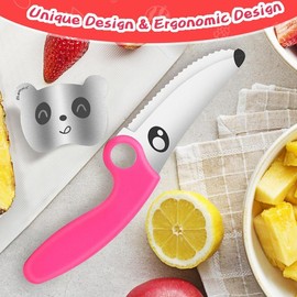 Kids Knife Set for Real Cooking with Finger Guard & Educational Ring | Toddler Safe Knife with Serrated Stainless Steel Blade & Ergonomic Handle | Montessori Kitchen Tool - Color: Raspberry Pink