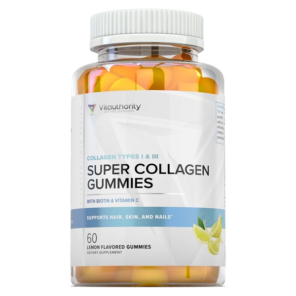 Super Collagen Gummies, Best Hydrolyzed Collagen Gummy Supplement for Women and Men, Gluten-Free, Kosher and Halal, Non-GMO, Types I and III for Skin, Joint and Gut Support, Lemon Flavor, 60 Chews