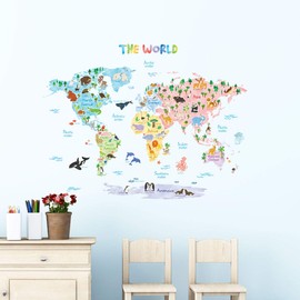 Decowall 1615/S/DE World Map With Animals Wall Sticker, Wall Tattoo, Wall Decoration for Living Room, Bedroom, Children's Room, multicolour, DMT-1615S