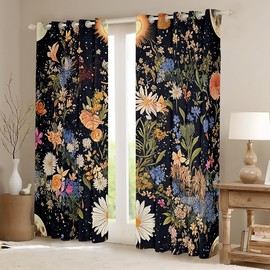 Feelyou Flower 30%-50% Room Darkening Blackout Curtain (2 Panels, 38 x 45 Inch) Bohemian Style Curtains for Bedroom Living Room Sun Children Darkening Dreapes Black Window Treatments