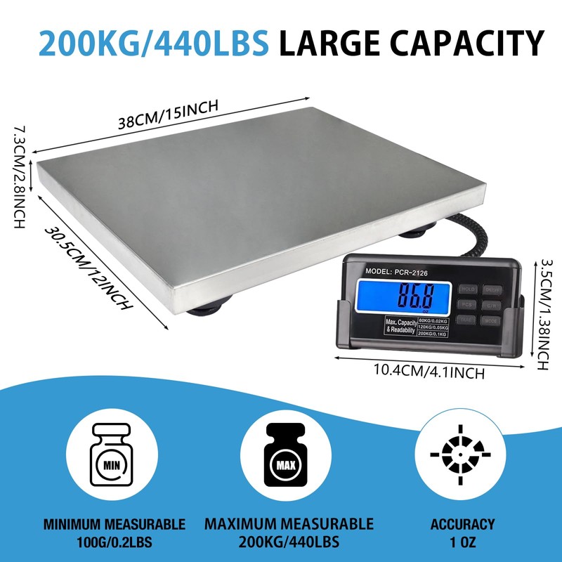 Large 440lbs Shipping Scale, 15"X 12" Platform Heavy Duty Stainless