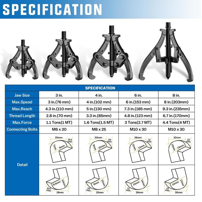 XIIW 3'' 4'' 6'' Gear Puller Set, 3 Jaw Bearing