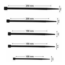 500 Pack Adjustable Cable Straps, Black Zip Ties for Cable Management, 100mm x 2.5, 150mm x 2.5, 150mm x 3.6, 200mm x 3.6, 250mm x 3.6, Plastic Nylon Zip Ties for Home, Office, Garden and Workshop