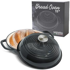 Enameled Cast Iron Bread Pan with Lid, 11” Nero (Black) Bread Oven Cast Iron Sourdough Baking Pan, Dutch Oven for Bread - Segretto Cookware
