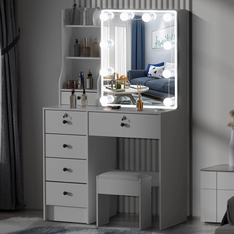 Yamissi Makeup Vanity Set Dressing Table Desk with Stool LED
