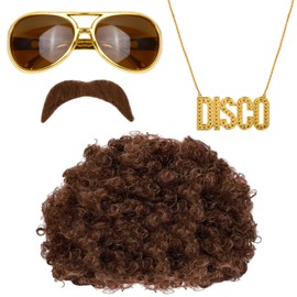 Emperoch 4 Pcs Hippie Costume Set, 60s 70s Disco Hippie Costume Accessories, Funky Brown Afro Wig, Moustache, Sunglasses, Necklace for Men & Women, Cosplay, Costume Theme Party