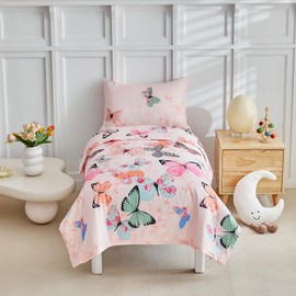 PinkMemory Pink Butterfly Kids Single Duvet Cover Set Colorful Butterfly Print Quilt Cover and Pillowcase Set for Girls Single Bed for All Seasons-135x200CM