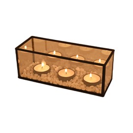 Black Metal Glass Frame Candle Holder with 3 Round Tealight Bases，Long Glass Tea Light Candle Holder Centerpiece Box, 8.5 x 3.15 x 3.15in (3 Candle Cup Bases)