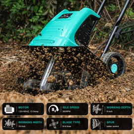 IncwBo 10.5 Amp 12 Inch Electric Tiller/Cultivator with 4 Steel Tines, 8'' Tilling Depth Small Garden Tiller for Gardening, Corded Rototiller with Adjustable Wheels