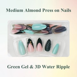 MISUD Almond Press on Nails Medium Fake Nails Glossy Glue on Nails Dark Green Acrylic Nail Supplies Stiletto Artificial Nail Art Handmade Swirl Stick on False Nails with Rhinestone Design DIY 24 pcs