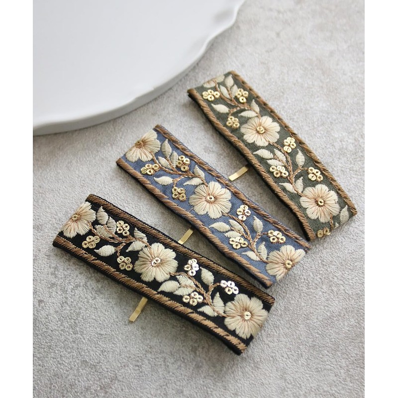 VingTAINE H7730-BK- Embroidered Wire Pony Hook, Flower Hair Elastic Cute,