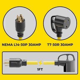 ACKING 4 Prong 30 Amp RV Generator Adapter Cord with Grip Handle, L14-30P Male to TT-30R Female, Heavy Duty STW 10 AWG for Generator to RV Trailer Camper,1ft