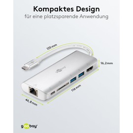 Goobay 76788 USB C Hub Multiport Verteiler 6 Ports 1x HDMI 4K @ 30Hz / 1x USB C 100W PD / 2x USB 3.0 / 1x RJ45 / 1x SD Kartenleser / Multidock Aluminium