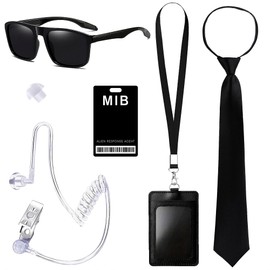 Horolam Horolam 6PCS Agent Kostüm Zubehör, Geheimdienst Kostüm Set Spion Kostüm Zubehör mit schwarzer Sonnenbrille Zip Krawatte Hörer ID Karte und Kartenhalter für Männer Frauen Kinder (schwarz)