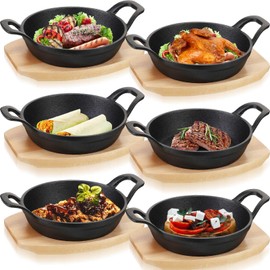 Nuogo 6 Sets Mini Cast Iron Skillet Mini Cast Iron Plates Skillet with Wooden Base Small Round Fajita Plate iron Pan Pot for Cooking Party(4.9 Inches)