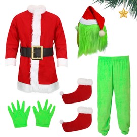 CFGPMM 6PCS Kids Green Monster Costume Santa Claus Outfit for Boys Girls Christmas Cosplay Party Accessory Suits (M)