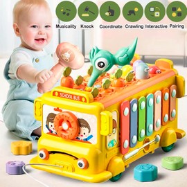 Motorik Montessori Spielzeug 1 2 3 Jahre Kinder,Lernspielzeug Motorikspielzeug School Bus Baby Spielzeug ab 18 Monate Mädchen Junge Geschenk,Xylophon Hammerspiel Angelspiel Spielzeug