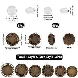 SUNNYCLUE 1 Box 12Pcs Brooch Making Kits Half Round Glass Cabochon Brooch Setting Bezel Brooch Blanks Vintage Antique Bronze Cabochon Pins Bezels Trays for Jewelry Making DIY Craft Gifts Supplies