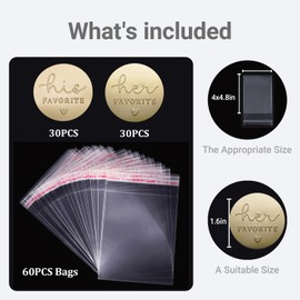 120 x His and Her Favorite Stickers, Embossed Gold Foil Wedding Favors for Guests, Wedding Treat Bags, Raised Gold Foil His and Her Favorite Labels, Wedding Favorite Stickers, 1.6” (Stickers + Bags)