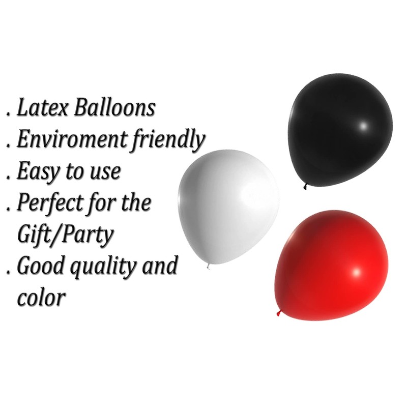 12" Latex Vibrant White, Red, Black Colour Combination Plain Balloons