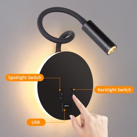 ERWEY LED Reading Lamp 3 W + 8 W Gooseneck Lamp Bed Lamp Wall Lamp with Switch and USB Charging Interior Lighting for Bedroom Living Room Office Hotel White