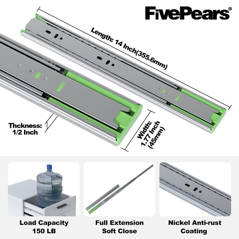 Fivepears 6 Pairs 14 Inch Heavy Duty Soft Close Drawer