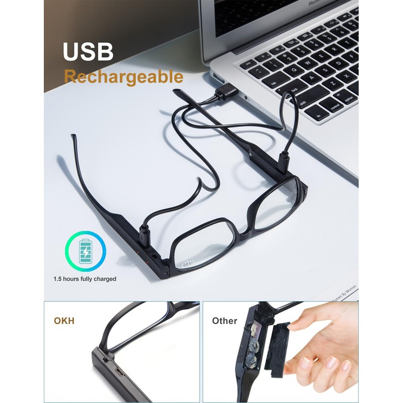 OKH Rechargeable Reading Glasses with Lights, Anti Blue Light Lens,