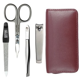 Sonnenschein by Hans Kniebes Manicure Set 4 Pieces Compact - Nail Scissors, Nail Clippers, Tweezers, Nail File - Nail Care Set Nappa Lambskin Leather Manicure Case (Bordeaux)