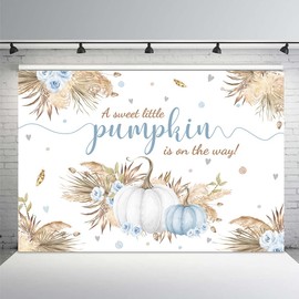 MEHOFOND 7x5ft Autumn Boho Little Pumpkin Backdrop for Boy Baby Shower Fall Leaves Pampas Grass Thanksgiving Blue White Floral Background for Photography Party Decorations Banner Photo Booth Props