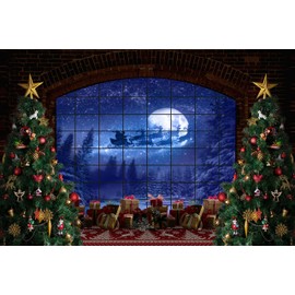 WaW 2.7 x 1.8 m Photography Background Christmas Vintage Window Winter Fantasy Night Snow Forest Photo Background for Photo Studios, Children's Shooting, Photo Box, Photo Wall