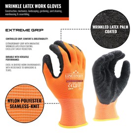 LINCONSON 12 Pack Safety Performance Series Construction Mechanics Wrinkle Latex Work Gloves (Orange, Medium (12 Pairs))
