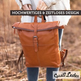 Gusti Valja Leather Backpack for Men and Women, Rolltop Laptop Backpack, Brown with Secret Compartment and Buckle, Zip, 9L