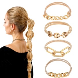 Ouligay 4 Pcs Gold Hair Ties,Metal Hair Tie Bracelets for Women,Elastic Gold Ponytail Holders with Metal Chain,No Damage Scrunchies with Gold Jewelry,Gold Hair Accessories for Women