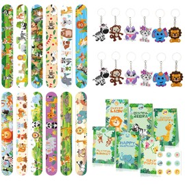36 Pieces Jungle Safari Party Bags Children's Birthday Party Bags Including 12 Children's Slap Bracelets, 12 Key Chains, 12 Gift Bags for Children Boys Safari Animals Decoration Forest Animals Themed