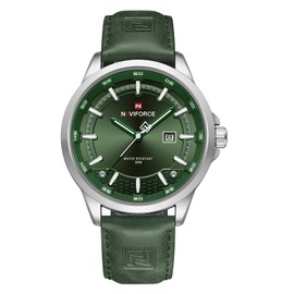NAVIFORCE Mens Minimalist Waterproof Quartz Leather Strap Watches with Auto Date (Silver Green)