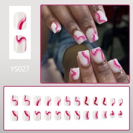 Square Press On Nails Short Fake Nails White False Nails With Pink Wave Design Summer Acrylic Full Cover Artificial N Glue On Nail Cute Stick On Nail For Women 24pcs