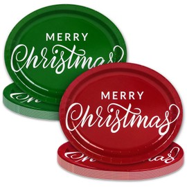 Christmas Oval Paper Plates 12"x10" Heavy Duty Xmas Red Green Party Plates Merry Christmas Disposable Dinner Plate for Holiday Wedding Birthday Picnic Family Gatherings Party Supplies, 24 Pcs