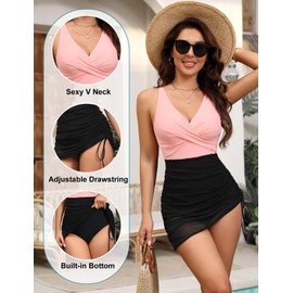 HEEKPEK - Traje de baño de una pieza para mujer, con control de barriga, traje de baño cruzado frontal, traje de baño de malla transparente para adelgazar, Rosa y negro, Small