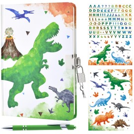 Watercolor Dinosaur Notebook Set - Luminous Journal Gift for Boys Kids School Travel Private Diary Hardcover A5 Lined Memos Writing Drawing Notepad Ballpoint Pen Stickers with Lock and Keys