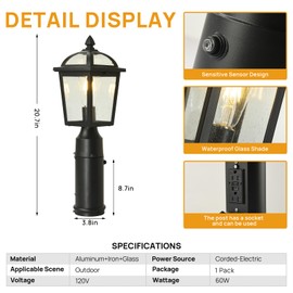 Moonlok Dusk to Dawn Outdoor Posts Light with GFCI Outlet, Waterproof Pole Outdoor Lighting, Aluminum Post Lamp Lighting Fixture for Patio Garden Pathway