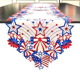 LeLehome 4th of July Holiday Table Runner for American Independence Day, 14" X 69" Embroiderd Cutwork Stars Butterflies Bowknots Dresser Scarf Home Party Decoration