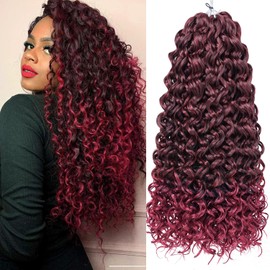 Unionbeauty GoGo Curl Crochet Hair 18 Inch 8 Packs Curly Braiding Hair for Goddess Box Braids Ocean Wave Crochet Braids Ombre Burgundy Synthetic Beach Curl for Black Woman TBug#